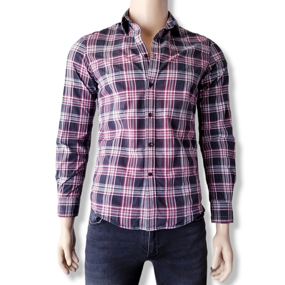 Zara Man Red & Black Plaid Button Up Shirt With Silver Metallic Threading